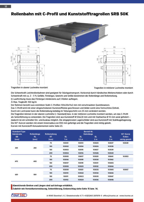 Rollenbahn mit C-Profil und Kunststofftragrollen SRB 50K